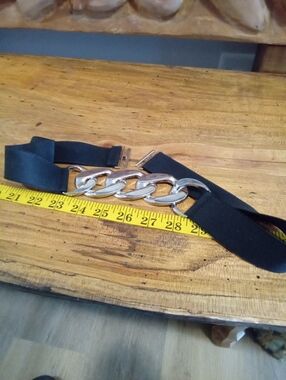 Black Elastic Belt with Silver Tone Chain Accent 32"